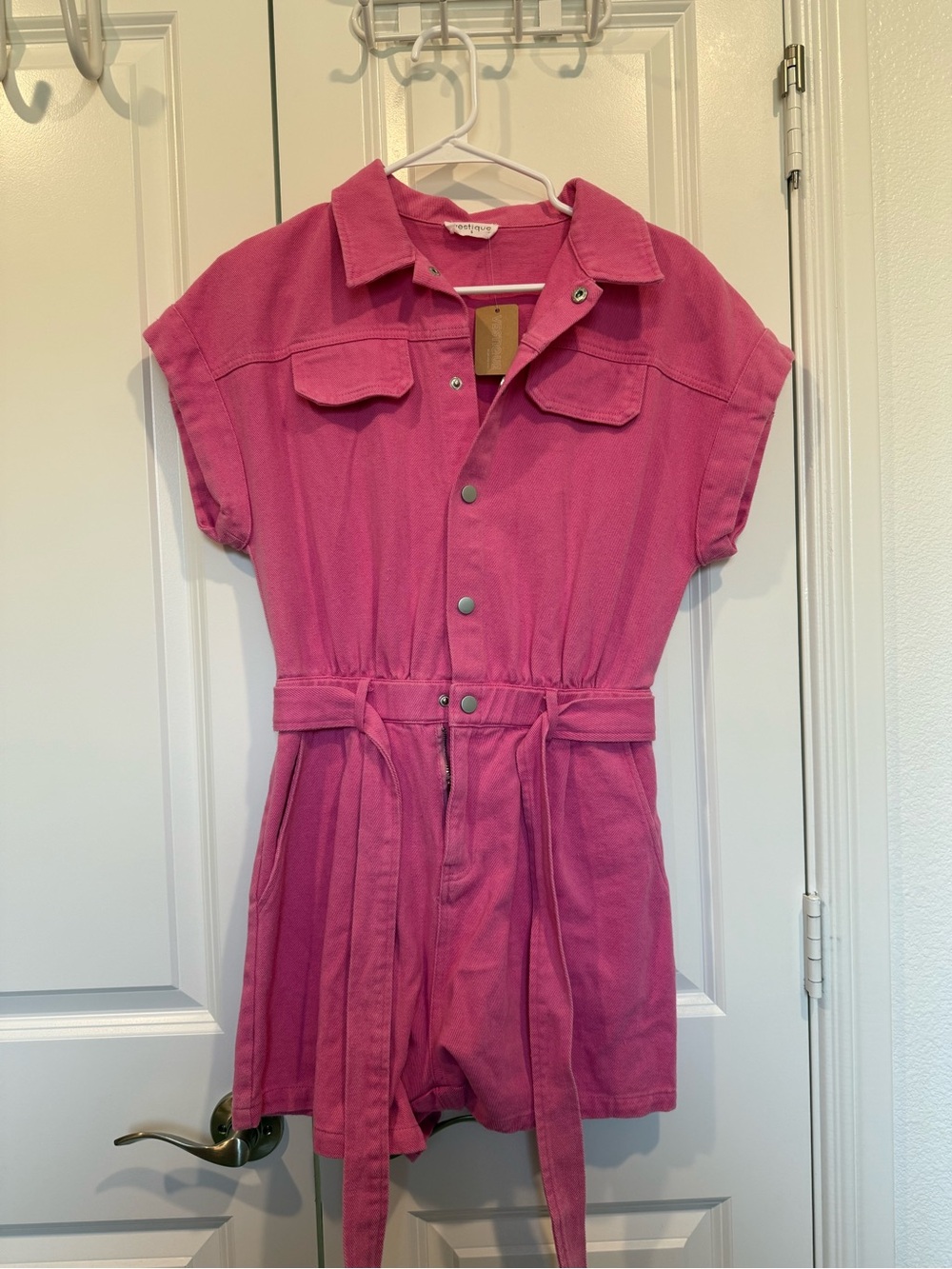 Vestique Pink Short Sleeve Button Front Romper